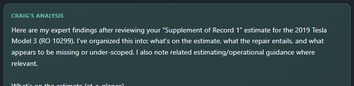 CRAIG detailed estimate analysis