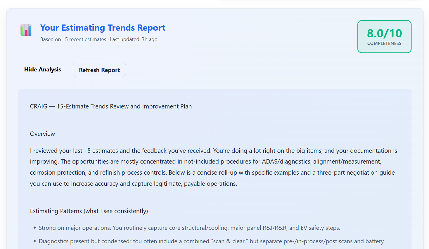 Personal estimating trends report